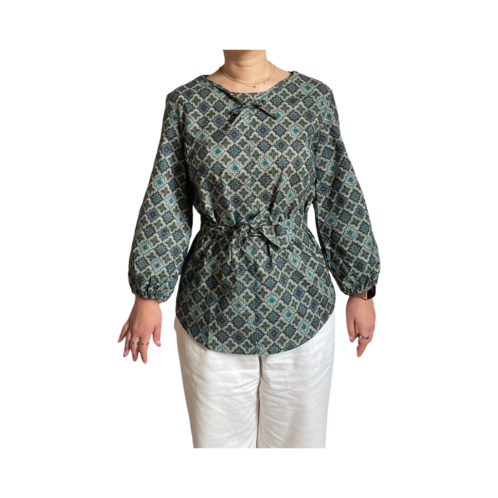 T 825B Round neck 3/4 sleeve cotton top Blue + green repetitive leaf print