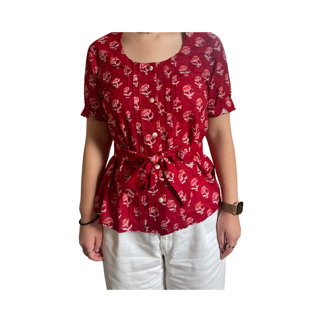 T658 Pintuck cotton top red with pink flowers