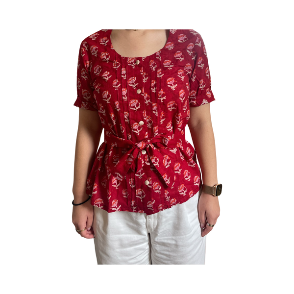 T658 Pintuck cotton top red with pink flowers