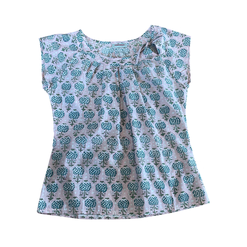 T746 Side neck tie top  pale pink with a turquoise floral print