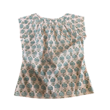 T746 Side neck tie top  pale pink with a turquoise floral print