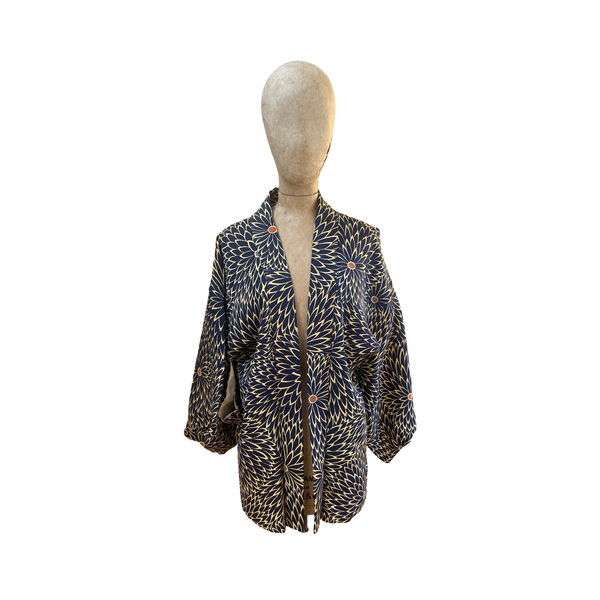 Vintage Japanese silk haori navy +gold Chrysanthemum