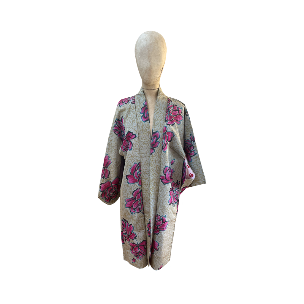 Vintage Japanese silk meisin haori gold with hot pink flowers