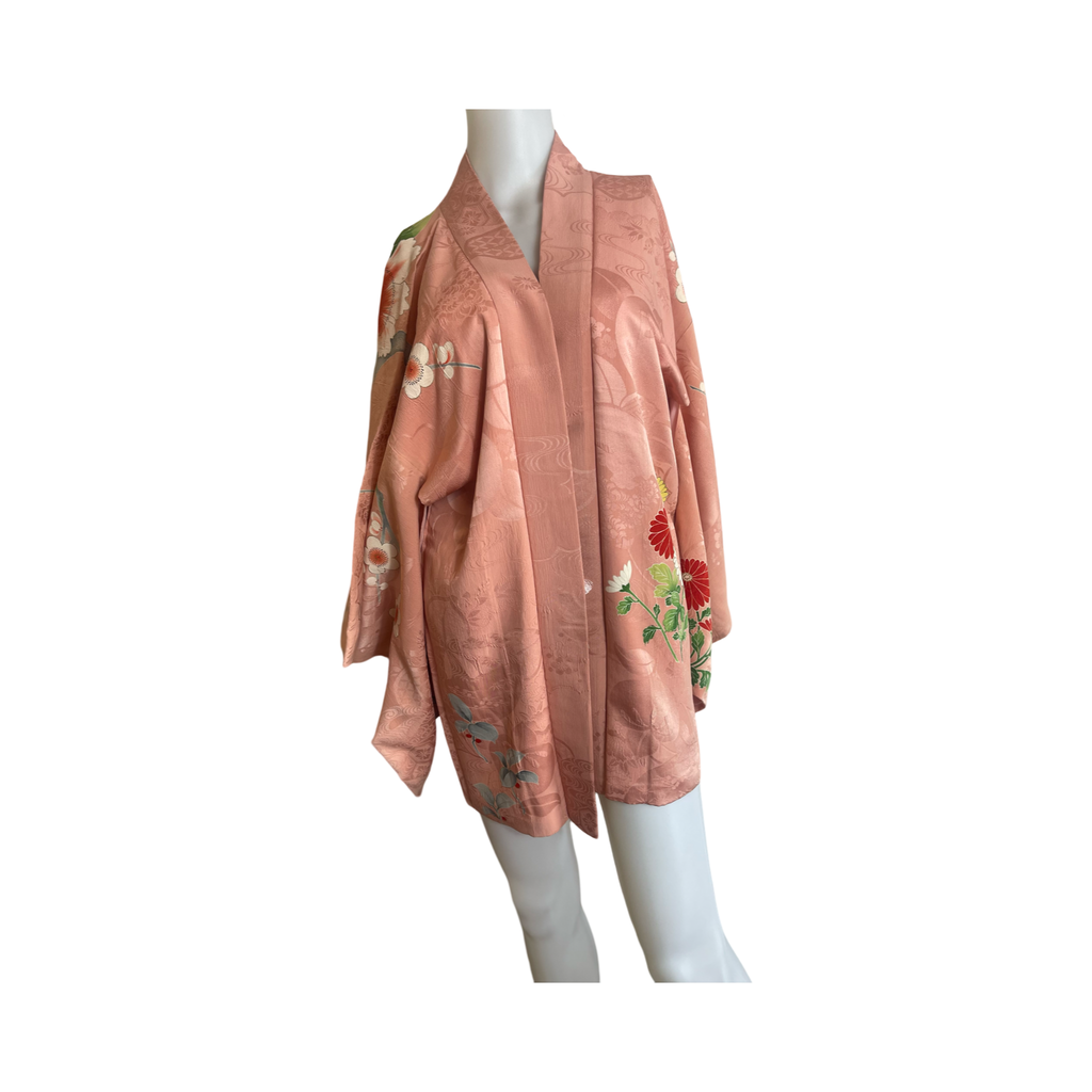 Vintage Japanese silk haori dusy peach with large hand painted flowers