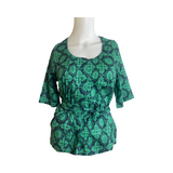 T658 Japanese cotton  Pintuck top with 3/4 sleeves blue +green geometric print