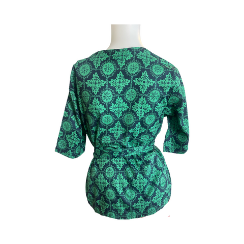 T658 Japanese cotton  Pintuck top with 3/4 sleeves blue +green geometric print